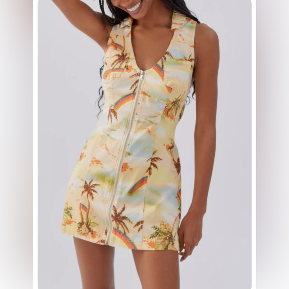 Urban Outfitters NWT UO Freya Linen Collared Mini Dress Rainbow Zip Large M